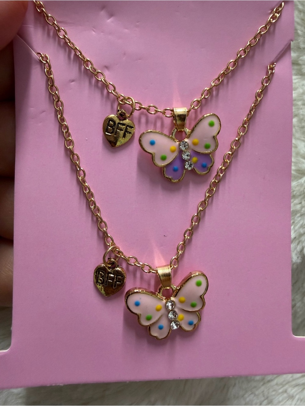 Gold Butterfly BFF Pendant Necklace Duo - White Enamel with Multicolor Dots